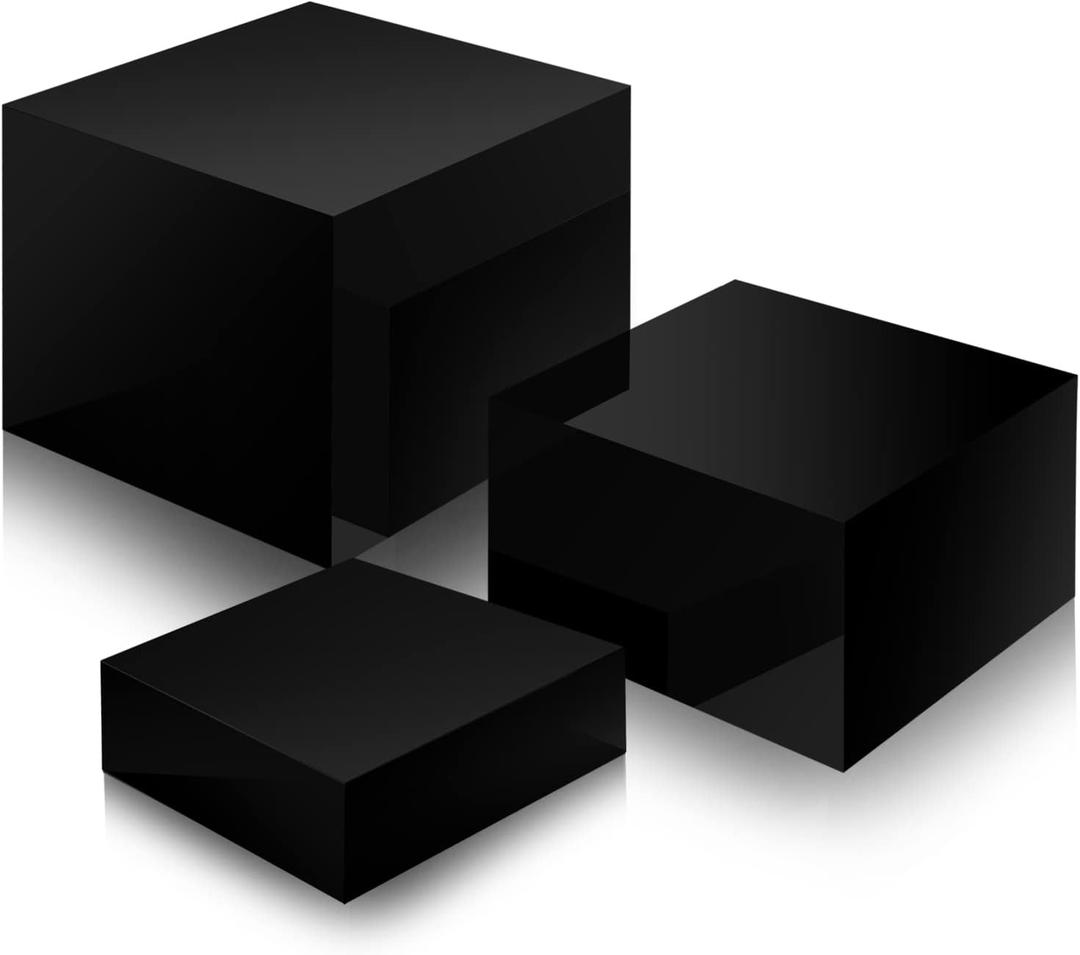 Set of 3 Acrylic Display Risers - 5 Sided Boxes With Hollow Bottoms, Nesting Cubes Display Stand Shelf for Cosmetic, Food, Collectibles, Jewelry, Figures Show (Black)