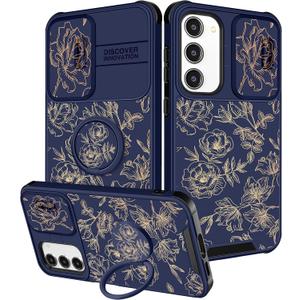 (2in1 for Samsung Galaxy S23 Case for Women Cute Girls Cover Gold Flower Girly Kawaii AestheticFloral Teens Design with Camera Cover and Ring Stand for Samsung S23 Case (for Samsung Galaxy S23, 4-Gold Flower)