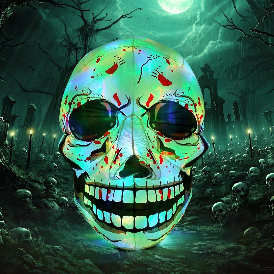 COMIN 3.6 FT Halloween Inflatables Skull Outdoor Decorations Blow Up Yard Scary Colorful Skeleton Skull with Built-in Changeable LEDs for Garden Lawn Indoor Party Decor