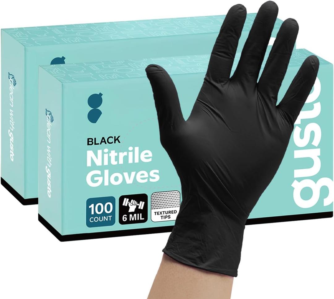 Comfy Package Black Nitrile HEAVY DUTY 6 Mil. Chemical Resistance, Latex & Powder Free, Textured Fingertips Disposable Gloves (Medium)