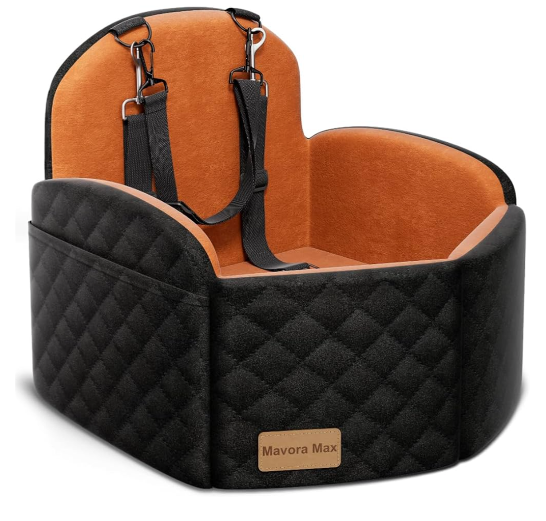 Dog Car Seat for Small/Medium Dogs, Elevated Dog Booster Seat Memory Foam Puppy Car Seat with Washable Cover, Travel Safety Pet Seat for Car with Storage Pockets Up to 35 lbs (Black/Brown)