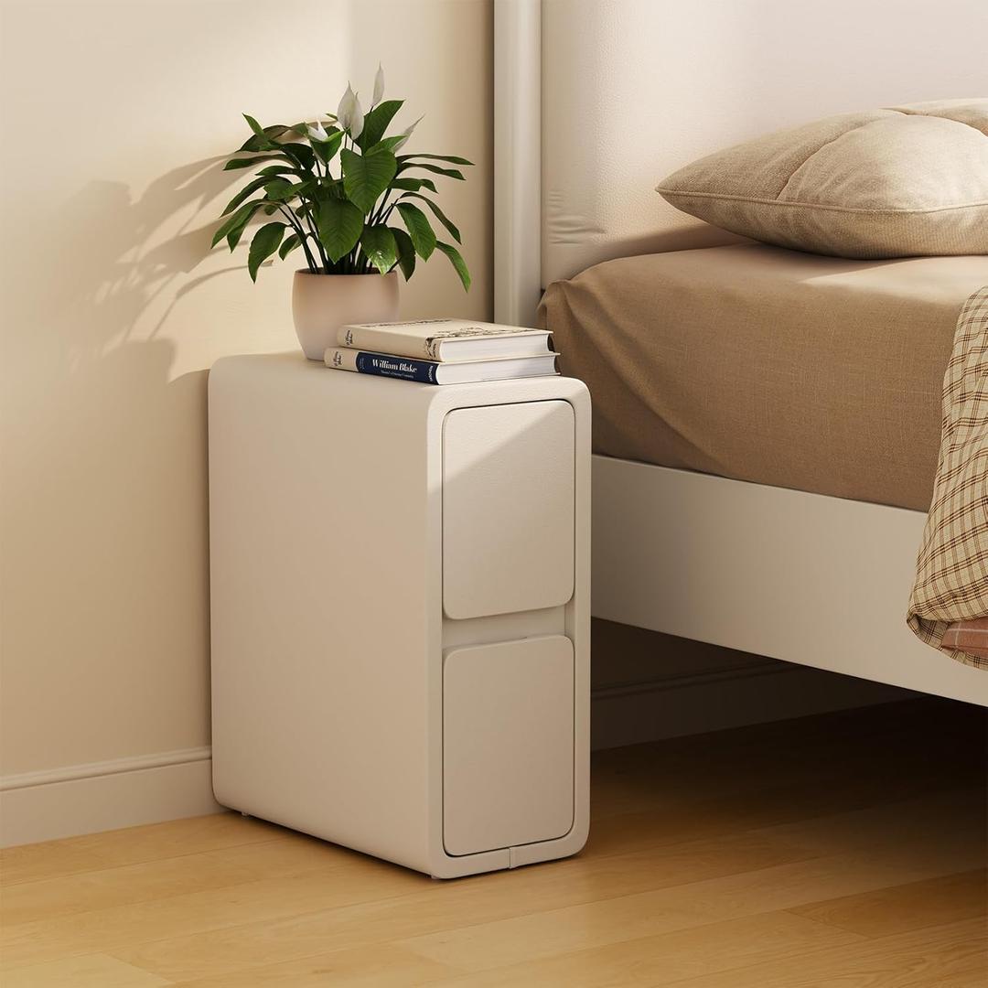 Narrow Nightstand - Narrow Bedside Table with Drawers, Wood Small Nightstand with Leather Surface for Bedroom, White - 7.9" W