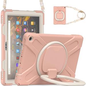 All-New Fire HD 10 & Fire HD 10 Kids Pro Tablet Case (13th Gen, 2023 Release),Heavy Sturdy Shockproof Kids Case,Rotating Stand/Carrying Strap (Pink+White)