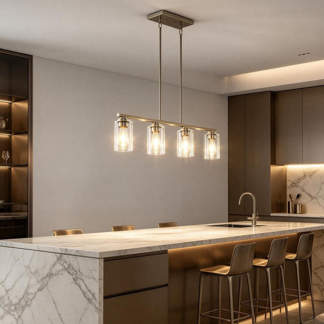 4-Light Brushed Nickel Clear Glass Linear Chandelier, Adjustable Height Modern Kitchen Pendant Lighting Over Island, Modern Kitchen Hanging Lights for Dining Room, 4 Light-31in