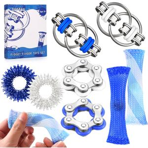 8 Pcs Sensory Fidget Toys Pack Flippy Roller Bike Chain Fidget Spinner Anxiety and Stress Relief Silent Tools Mesh Marble Acupressure Ring for Adults Teens Kids Boys Girls Easter Gifts (Blue)