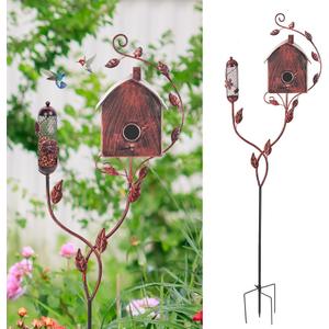 49" Bird Houses for Outside with Pole, Outdoor Metal Birdhouse with Mesh Feeder for Patio, Yard, Garden(Antique Bronze)