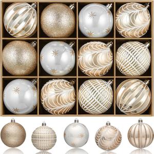 JORNOY Christmas Tree Ornaments Set of 12, 3.15inch/80MM Shatterproof Plastic Xmas Tree Ball Ornaments Bulk Decorative Hanging Baubles for Xmas Tree Decor Holiday Party Decorations, Champagne