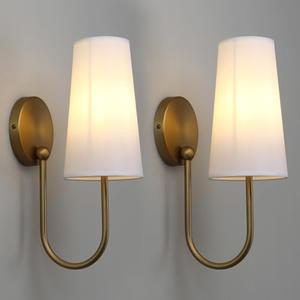 Yosoan Brass White Fabric Shade Wall Sconce Set of 2, Vintage Industrial Hardwired Gold Boho Wall Mounted with Long Cone Cloth Shade for Bedroom Living Room Aged Vanity Loft(Antique)