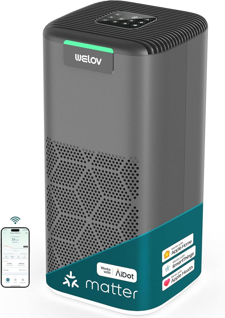WELOV World's 1st Matter Smart Air Purifier, Air Purifiers for Home Covers 1570 Ft, 99.997% Filtration Efficiency of Particles 0.1-0.3 m, H13 True HEPA PM2.5 Monitor, Sleep Mode, Dimmable Lighting (Grey)