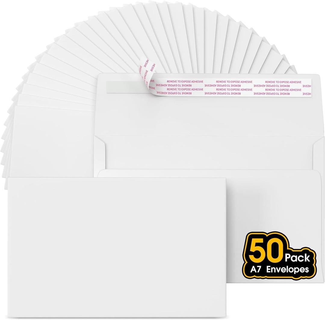 5x7 Envelopes for Invitations, A7 Printable Self Seal Envelopes for 5x7 Cards, Photos, Wedding, Birthday, Postcards, Graduation, Parties, 5.25 x 7.25 Inches (50 Pack), White