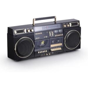Aiwa Retro Boombox CD Player with Cassette Recording, Bluetooth 5.0, FM/AM Radio, USB/SD/AUX Inputs, VU Meter, LCD Display, Dual 40W Speakers, Black/Gold