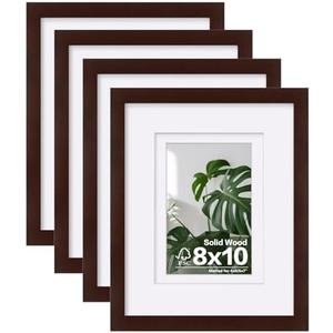 Egofine 8x10 Picture Frames Made of Solid Wood with Plexiglass, Display Pictures 4x6/5x7 with Mat or 8x10 Without Mat Set of 4 for Tabletop and Wall Mounting, Walnut Color