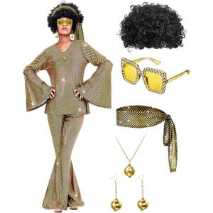 Jexine Halloween 70s Women Disco Costume Set Disco Party Top Pants Sunglasses Ball Necklace Earring Wig (3X-Large, Gold)