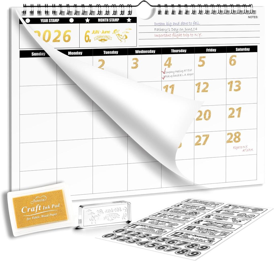 4 x Undated Wall Calendar 24-Month with Number Stamps, 11.8"x8.6" | Blank Perpetual Hanging Planner 29.5cmx21.6cm | Kit Includes Gold Ink Pad & Storage Bag, for Home Office School
