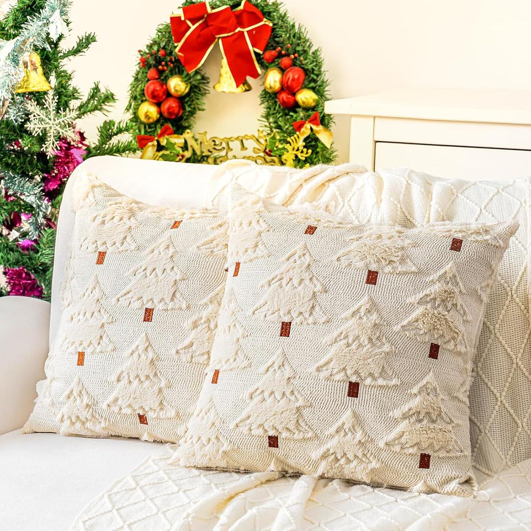 Christmas Throw Pillow Covers 18x18 Set of 2, Christmas Tree Decoration Cushion Covers Soft Faux Fur Pillow Cases for Sofa Couch Bed Winter Holiday Festivals Home Decor, Beige