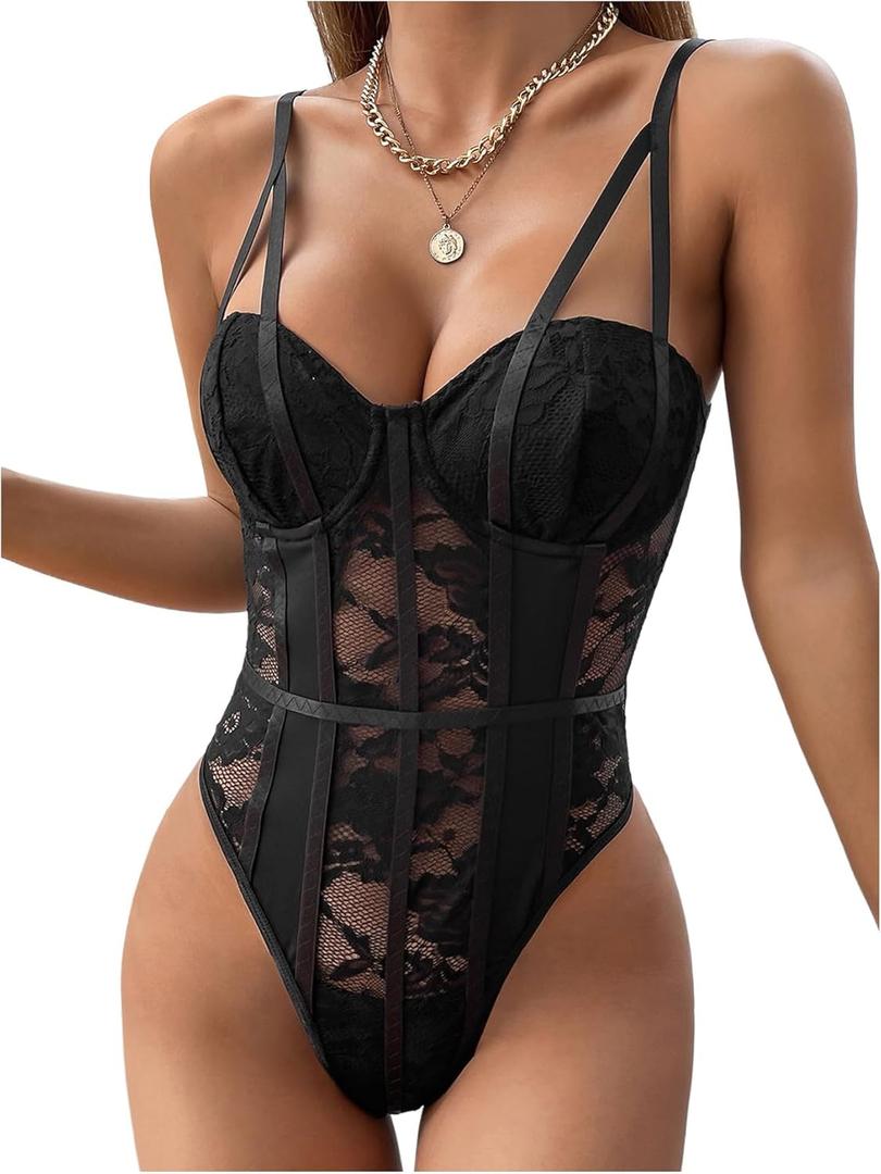 Milumia Women's Floral Lace Mesh Corset Bodysuit Sexy See Through Spaghetti Strap Tops