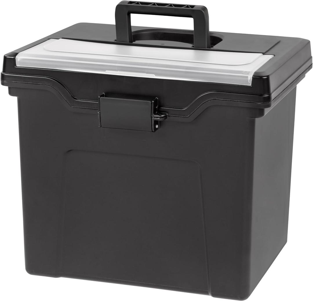 IRIS USA File Box with Lid File Organizer for Letter File w/Organizer-Lid, Plastic Mobile Filing Organizer, Water Resistant Document Box, Portable File Box with Handle, Secure Buckle, Lockable, Black