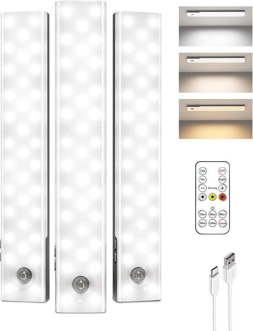 EZVALO 3-Pack Under Cabinet Lighting with Charging Station, 1800mAh Rechargeable Wireless Motion Sensor Lights, 3 Color Temps, Dimmable, Timer, Magnetic, with Remote Control for Kitchen, Closet