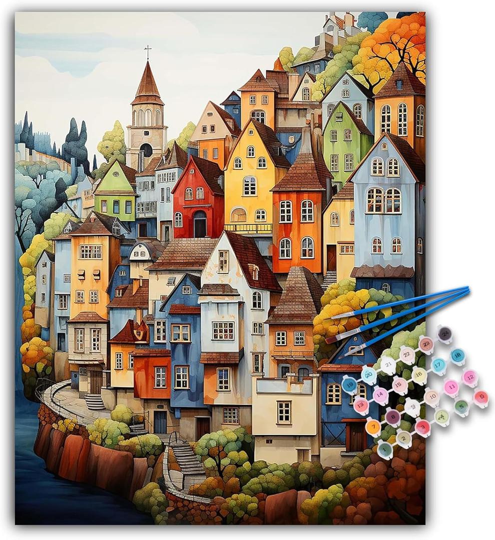 Paint by Numbers Kit for Adults Beginner, Countryside Acrylic Adult Paint by Number Kits on Canvas, Village Landscape Watercolor Oil Number Painting for Adults, Perfect for Home Decor Gift 16"x20" 