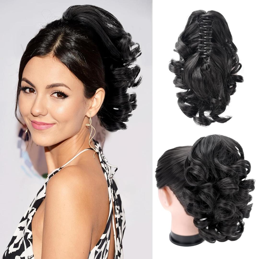 Ponytail Extension, 10" Short Curly Wavy Claw Clip Pony tails Hair Extensions Hair pieces for Women Synthetic Faux Ponytail for Girls Daily Use (Black)