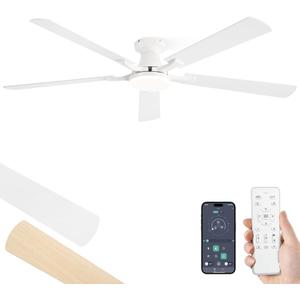 ZMISHIBO 60 Inch Ceiling Fan with Light, App&Remote Control, Flush Mount Low Profile, Dimmable 20W LED Light, Quiet Reversible Motor for Bedroom, Living Room, Apartment, White