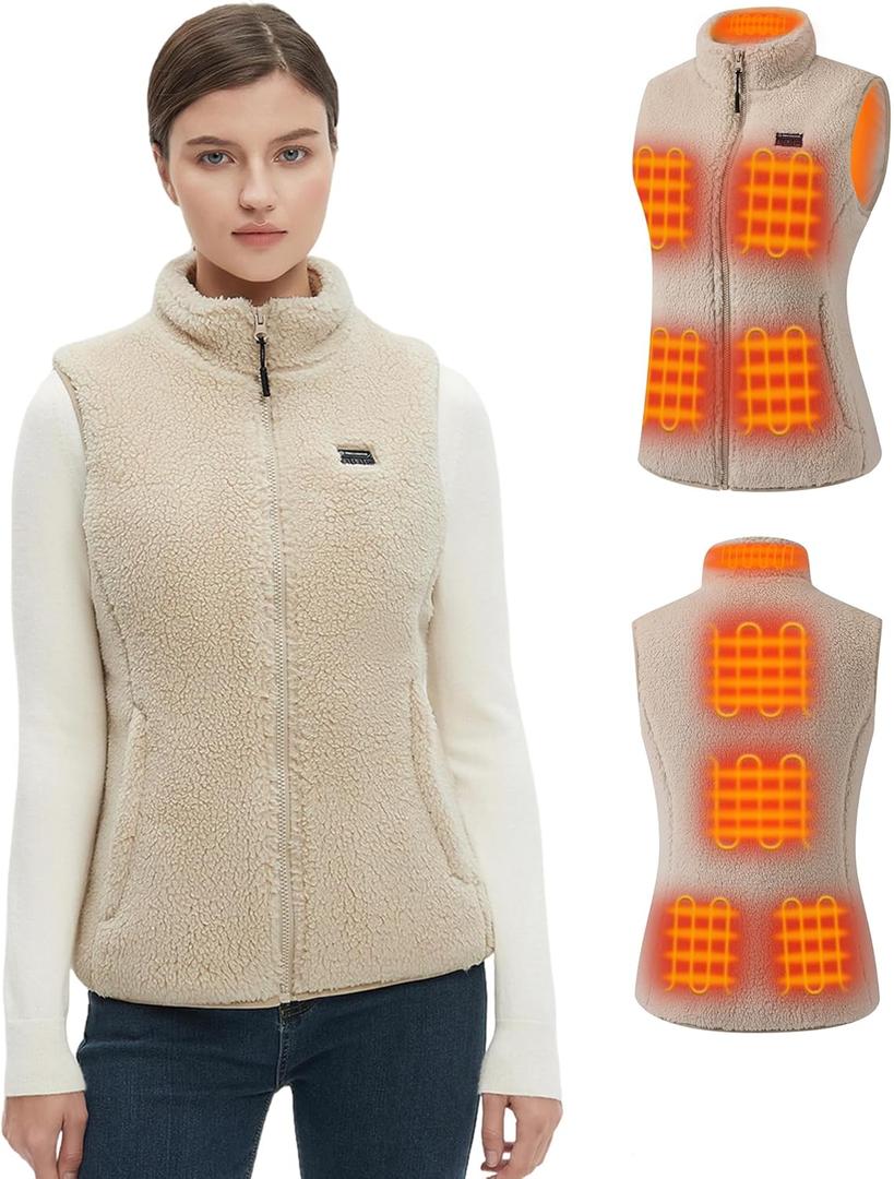 Fuzzy Heated Vest for Women with 16000mAh 7.4V Battery Pack Included, Sherpa Heated Vest Women, Fleece Heating Vests Cycling (X-Small, Khaki)