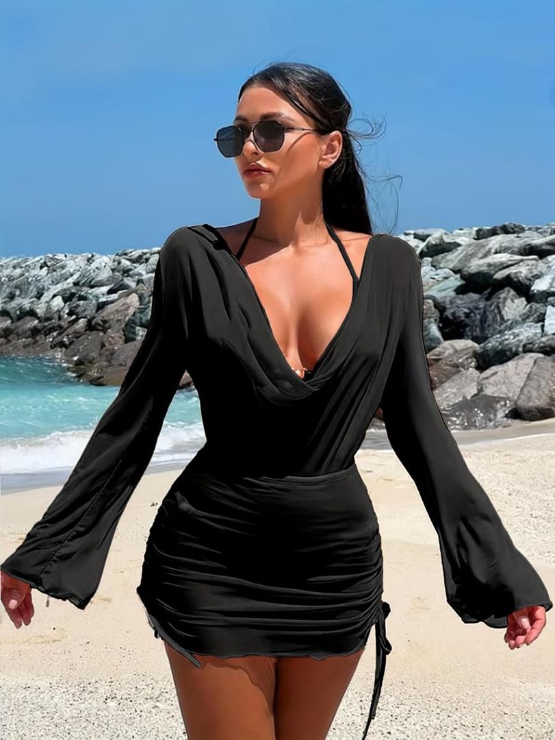 Women's Halter Triangle Bikini Set with Drawstring Cover Up, 3 Piece Bathing Suit for Vacation (Large, Black)