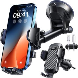 YRU True Military-Grade [360° Rotation Suction] 2026 Ultimate Car Phone Holder Mount 【90+LBS Safest Strongest & Patent Certs】 Dash Windshield Vent for iPhone 17 16 Pro Max Speaker Stands, Gloss Black