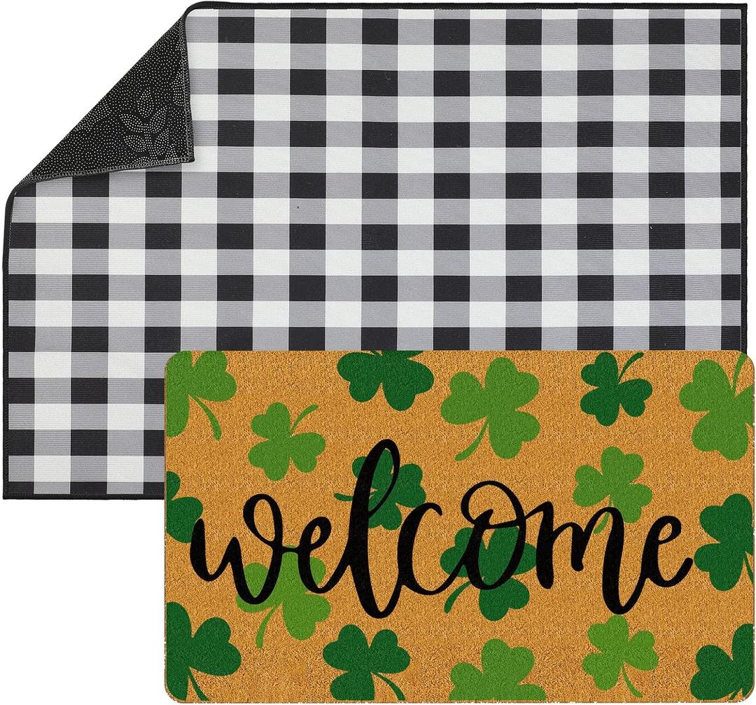Tinideya 2 Pcs Four Leaf Clover Welcome Doormat 23x35 in St. Patrick's Day Layered Buffalo Plaid Carpet Coquette Non Slip Green Bathroom Coir Mats for Entrance Porch Indoor Outside Home Irish Decor