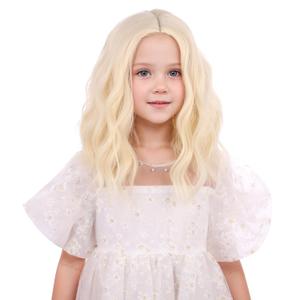 Platinum Blonde Wig for Kid Girls Short Light Blonde Side Part Wig Children Light Blonde Wavy Curly Wig Heat Resistant Synthetic Wig with Wig Cap