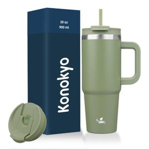 Konokyo 30 oz Tumbler with Handle and 2 Straws,2 in 1 Lid Insulated Water Bottle Stainless Steel Travel Coffee Mug, Army Green