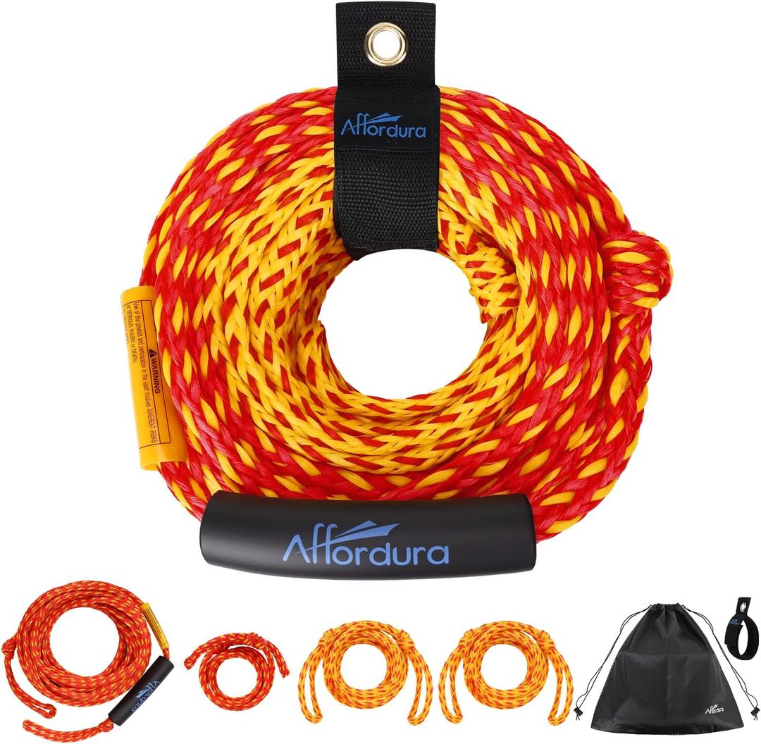 Affordura 65FT Tow Rope for Tubing 4 Sections Boat Tow Rope Tube Ropes for Tubing with Storage Bag and Rope Keeper (1-2 rider, red)