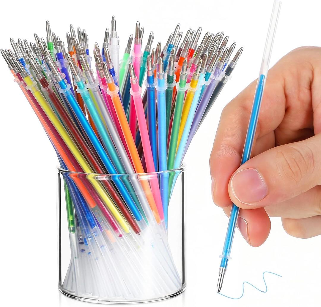 2 x NUOBESTY Gel Pen Refills, 100 Pack Glitter Metallic Pastel Neon Ink Refill Set, 0.8mm Smooth Replacement Cartridges Glitter Markers for Adult Coloring Books, Art Drawing, Doodling & Sketching