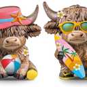 Bucherry 2 Pcs Summer Highland Cow Figurines Wooden Beach Gnomes Statue Calf Lovers Gifts for Home Garden Kitchen Office Tiered Tray Table Decor(2 Pcs, Summer Highland Cow)