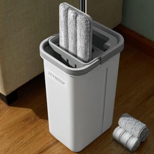 JOYMOOP Mop and Bucket with Wringer Set, Hands Free Flat Floor Mop and Bucket, with 3 Washable Microfiber Pads, Wet and Dry Use, Floor Cleaning System (Middle White Bucket #13 + 50" Flat Mop + 3 Pads)