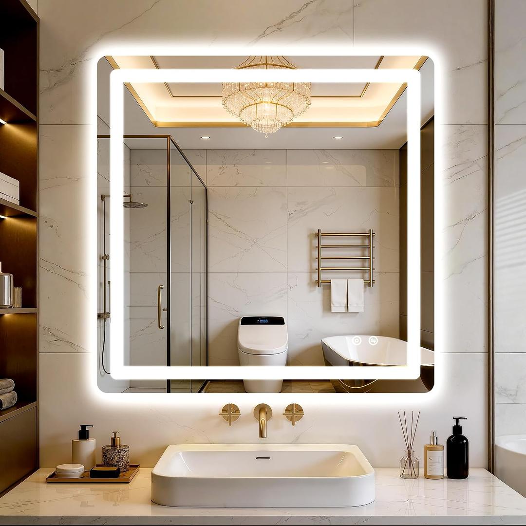 LED Bathroom Vanity Mirror with Lights, Front Light and Backlit, 30x30 Square Lighted Vanity Mirror for Bathroom, Dimmable Brightness, Anti-Fog, 3 Colors, Memory Function, Shatterproof Tempered Glass