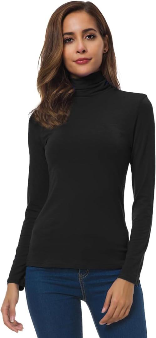 Women Long Sleeve Turtleneck Slim Fitted Based Layer Lightweight Active Shirt Pullover Tops (Small, 1-black)