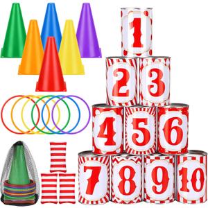 29 Pcs 4 in 1 Carnival Games Set: Bean Bags, Plastic Cones, Carnival Cans, Rings for Adults, Teens, Indoor & Outdoor Games
