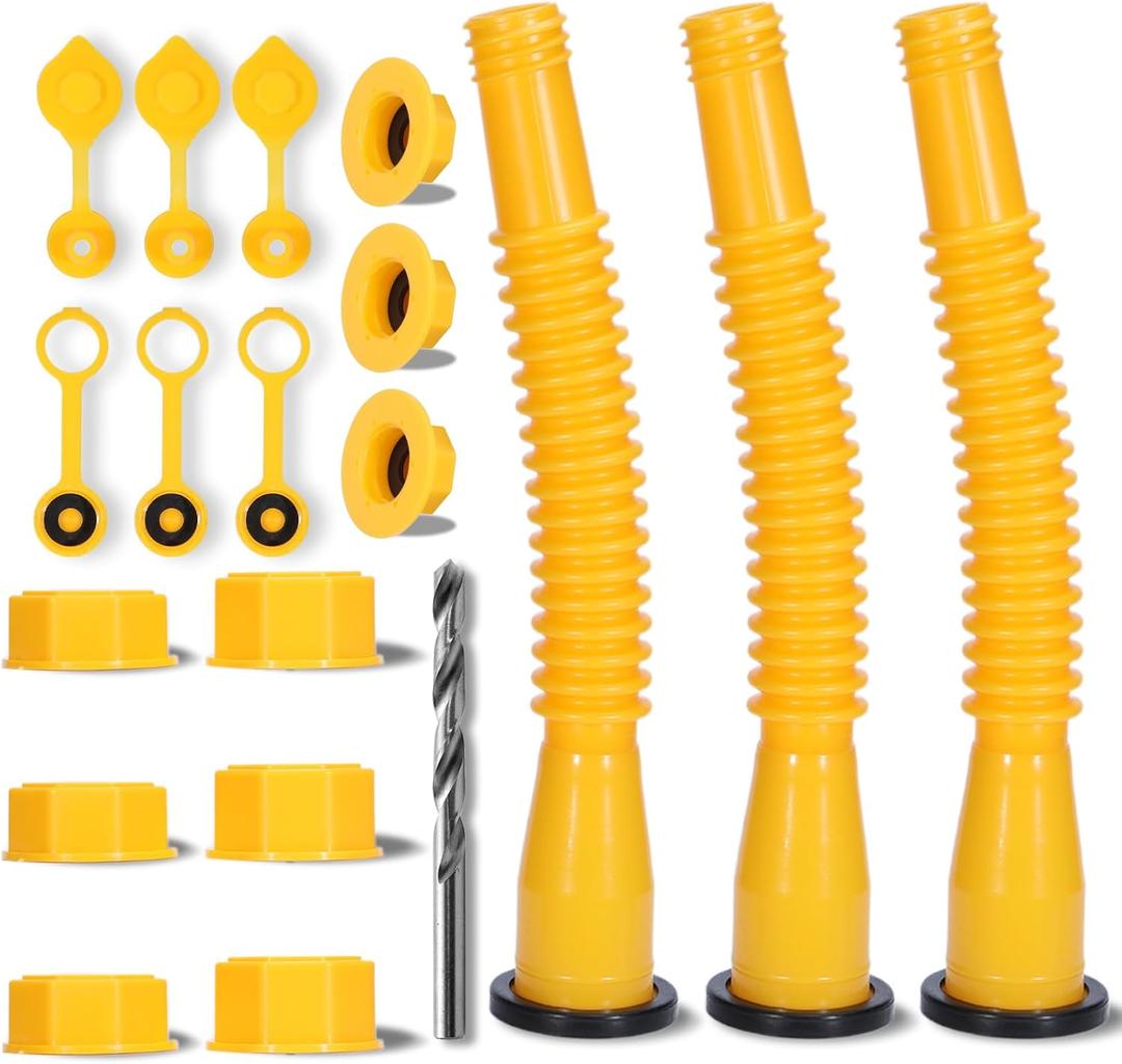 Upgraded Gas Can Spout Replacement, 3-Pack Gas Can Nozzle Leak-Proof Design, with Flexible 8.1-inch Long Spouts Easy Pour, Fuel Can Vent Caps, Drill Bit, Fit for Most 1/2/5/10 Gal Plastic Gas Cans