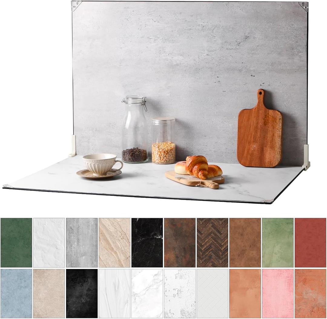 Food Photography Backdrops, 23x35inch 10Pcs Double-Sided Product Background Paper (20 Patterns), Photo Backdrop Board with T-Stand & Clamps for Jewelry, Cosmetics
