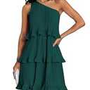 ZESICA Women's 2024 Summer Sleeveless Mini Dress Boho One Shoulder Ruffle Tiered Layered Chiffon Flowy A Line Dresses, DarkGreen, Small