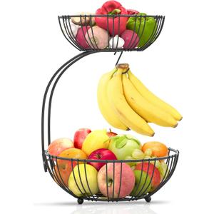 RICCLE Fruit Basket For Kitchen Counter - Fruit Basket With Banana Hanger - Double Layer Metal Wire Fruit Bowl For Kitchen Countertop - Fruit Holder For Produce, Vegetables, Kitchen