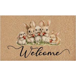 Easter Bunny Welcome Door Mat, Cute Welcome Peeps Easter Rabbit Strawberry Decorative Artificial Coco Coir Doormat for Indoor Porch Front Door Entrance Outside, 17x30 in,