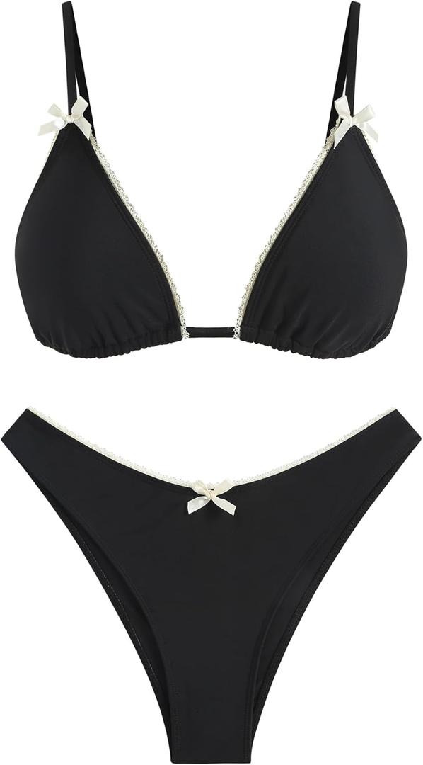 ZAFUL Women's String Triangle Bikini Sets Sexy Triangle Textured Tied High Cut Swimsuit Brazilian 2 Piece Bathing Suit (Large)