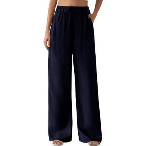 Feiersi Women's Casual Pants Drawstring Elastic Waist Pants Flowy Wide Leg Beach Trousers with Pockets(Navy Blue, Large)