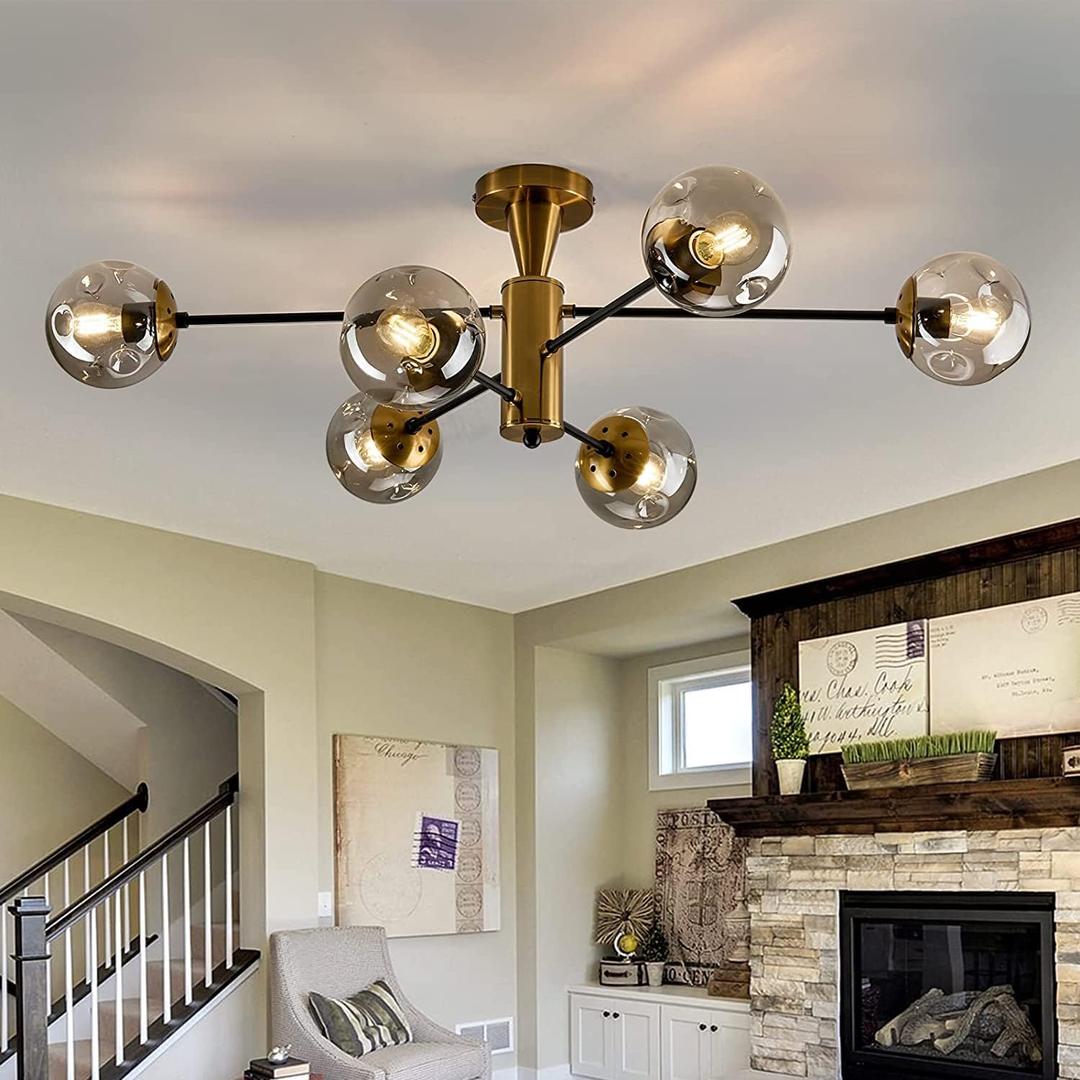 hesoge Modern Semi Flush Mount Ceiling Light Fixture 6-Light Sputnik Gold Chandelier with Glass Globe Mid Century Ceiling Lighting for Dinning Room Farmhouse Kitchen Bedroom Living Room