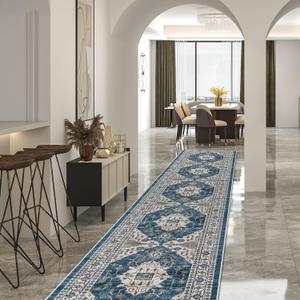 Hallway Washable Runner Rug - 2'6x14 Kitchen Rugs Entryway Rug Runner Vintage Soft Floor Mat Non Slip Indoor Farmhouse Carpet for Bathroom Living Room Bedroom (2'6''x14', Blue)