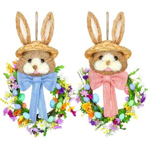 Zeyune 2 Pcs 18.1"x 11.4" Easter Bunny Wreath with Colorful Eggs Artificial Easter Wreath Mixed Flowers Green Leaves Hanging Bunny Shaped with Straw Hat and Bow for Front Door Wall(Bow Bunny)