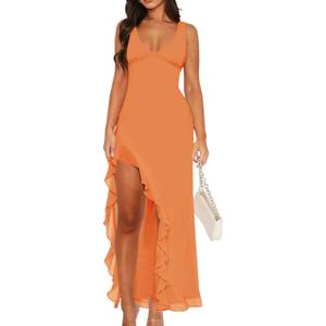 Women Sexy V Neck Sleeveless Mesh Ruffle Hem Bodycon Maxi Casual Backless High Slit Cocktail Party Dress L