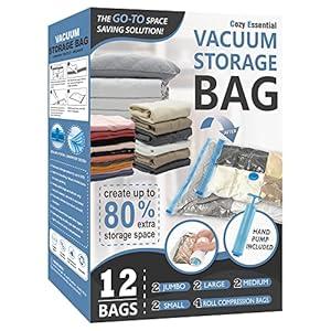 Cozy Essential Vacuum Storage Bags, 80% Compression Vacuum Seal Space Saver Plastic Packaging Bags for Clothes, Blankets, Pillow, Bedding, Comforters, Sealer Clothing Storage, 12 Combo
